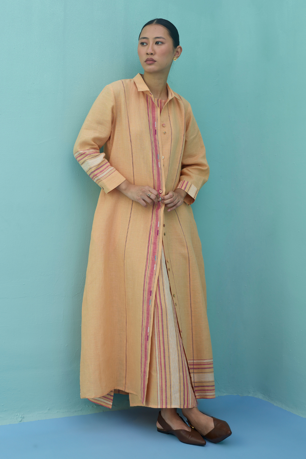 Buy Beli Sleeveless Border Linen Dress with Overlay - Apricot Worldwide