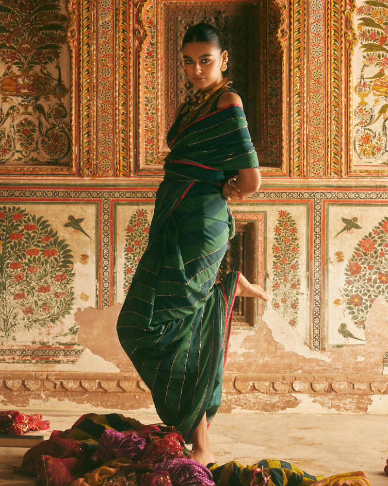 Khel Teal Green Stripe Saree With Waistcoat Blouse by Rajiramniq in green color for women in Singapore