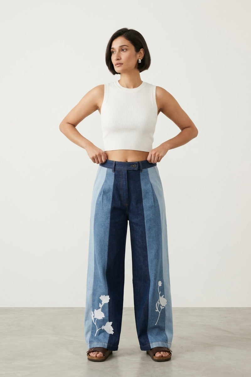 Ember Denim Panelled Pants denim pant/trouser by Doodlage in blue for women Worldwide