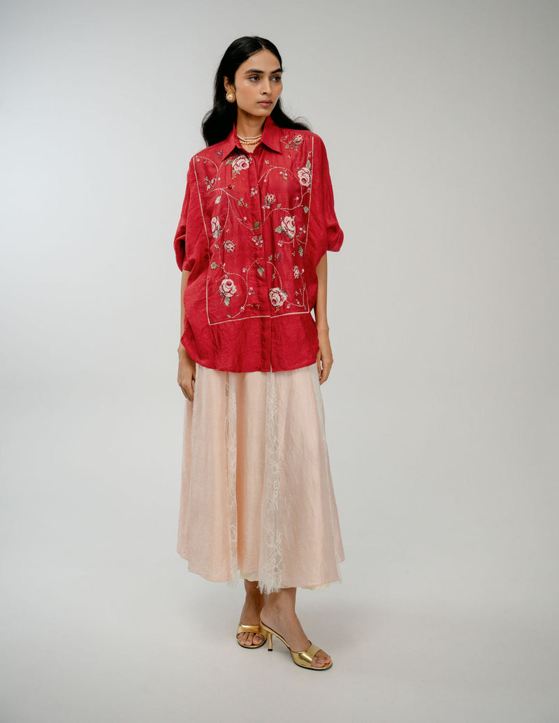 Forgotten Bloom Shirt mulberry silk top/shirt by Ode to Odd in red for women in Singapore