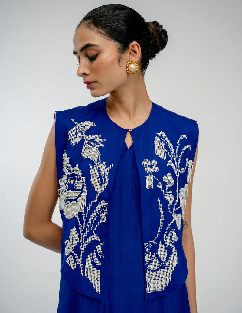 Dear One Bib mulberry silk jacket/overlay by Ode to Odd in blue for women in Singapore