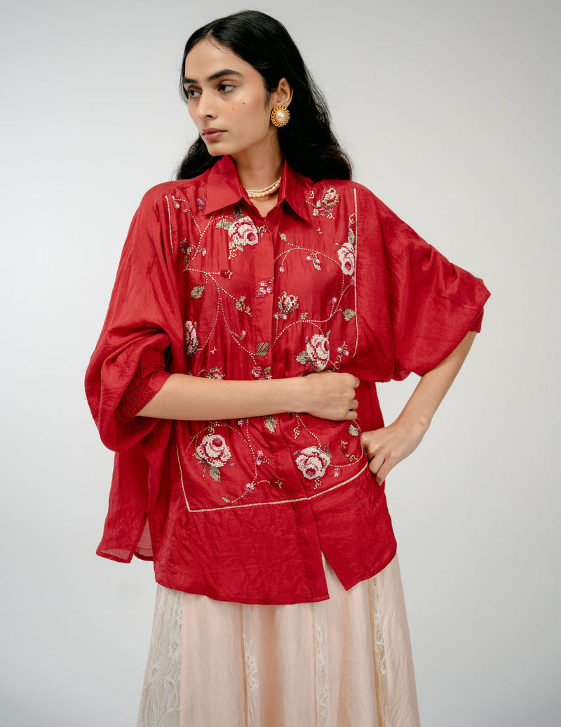Forgotten Bloom Shirt mulberry silk top/shirt by Ode to Odd in red for women in Singapore