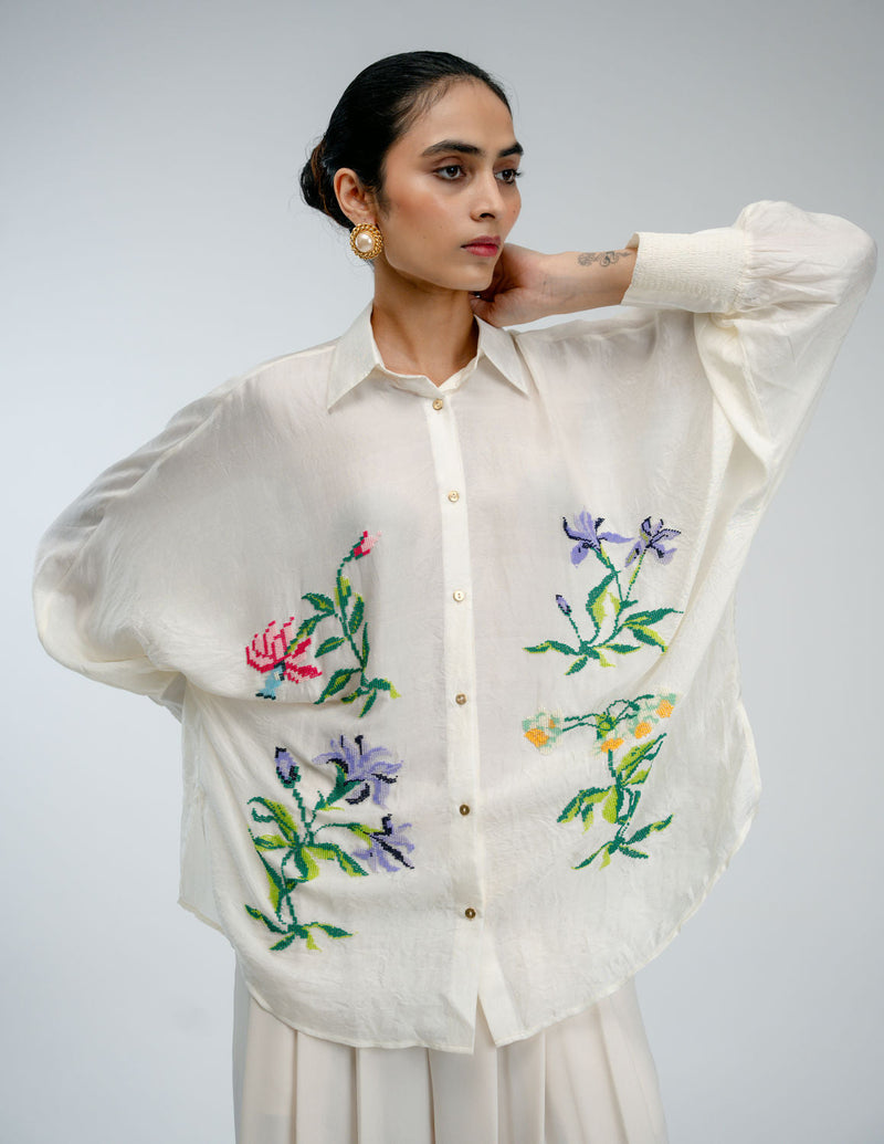 Sampler Shirt mulberry silk top/shirt by Ode to Odd in off white for women in Singapore