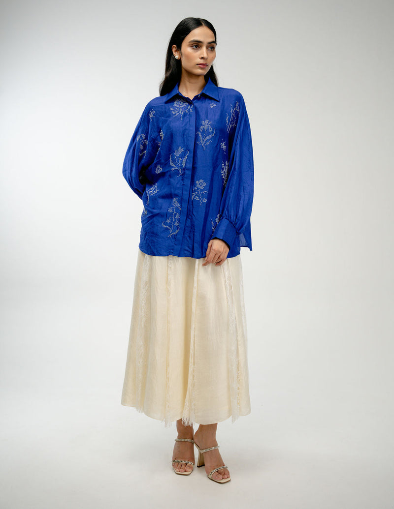 Woven Memory Shirt mulberry silk top/shirt by Ode to Odd in blue for women in Singapore