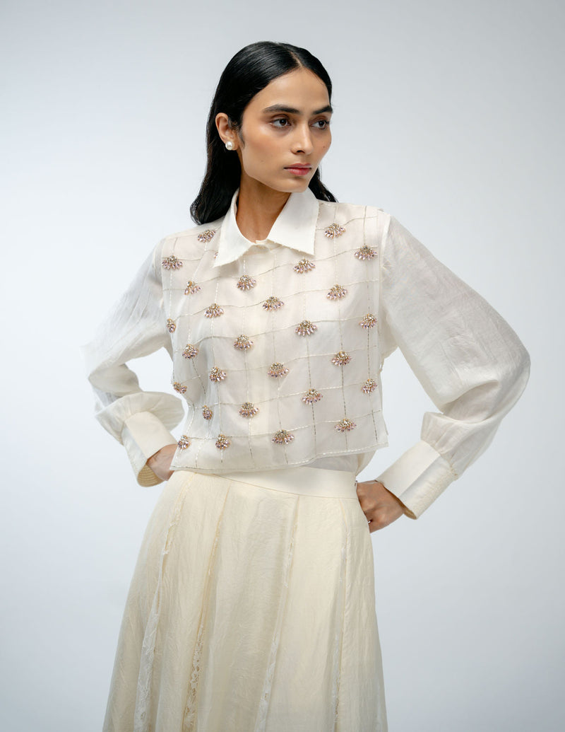 Our Story Bib organza jacket/overlay by Ode to Odd in off white for women in Singapore