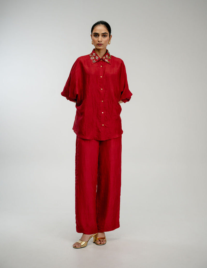 Borrowed Time Set mulberry silk co-ord set by Ode to Odd in red for women in Singapore