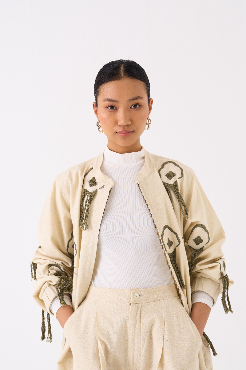 FRINGE BOMBER JACKET CO-ORD 
(SET OF 2)-IVORY by THREE in ivory color for women in Singapore