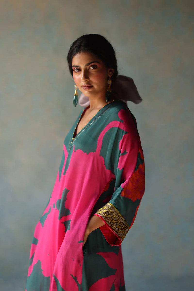 Gul Teal Flower Kaftan Kurta Set crepe , modal satin by Rajiramniq in blue for women in Singapore