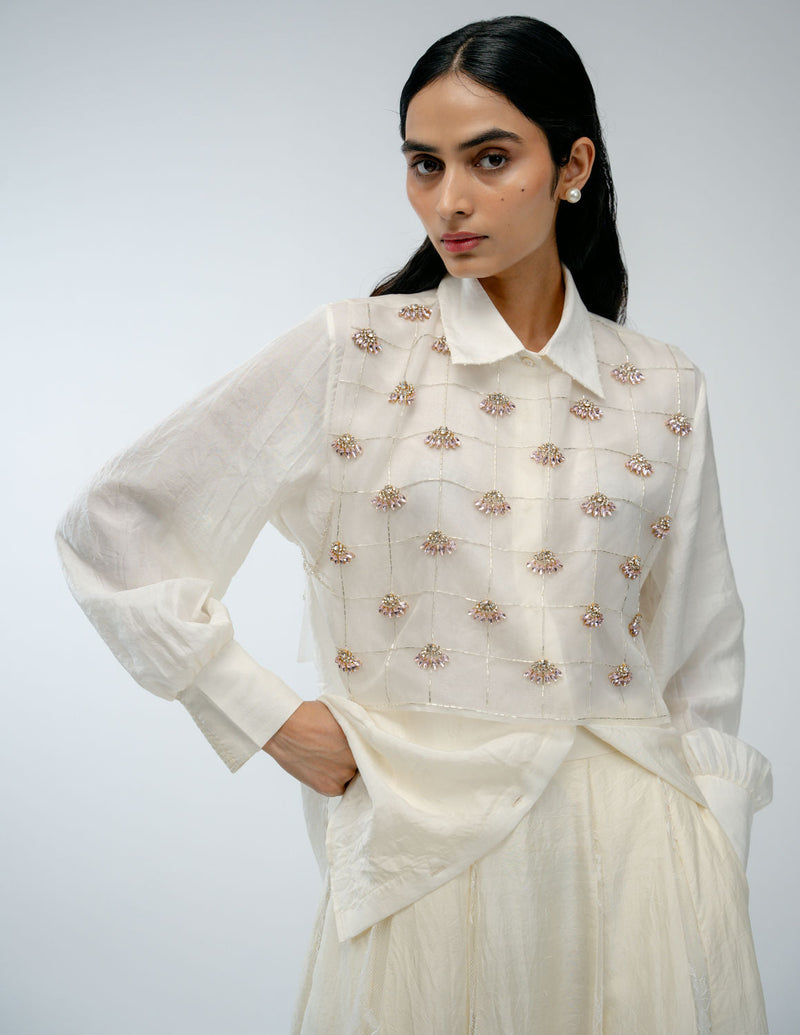 Our Story Bib organza jacket/overlay by Ode to Odd in off white for women in Singapore
