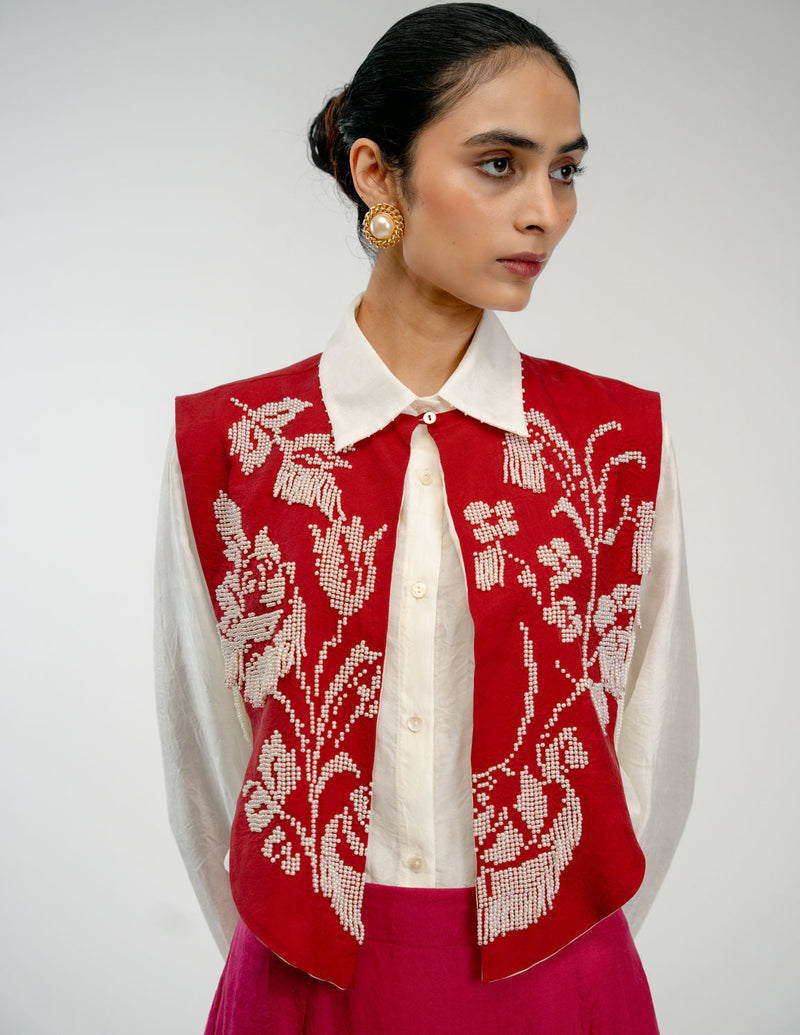 From Before Bib mulberry silk jacket/overlay by Ode to Odd in red for women in Singapore
