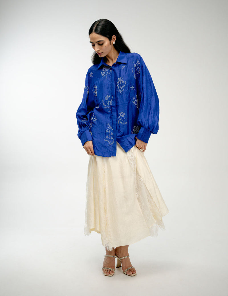 Woven Memory Shirt mulberry silk top/shirt by Ode to Odd in blue for women in Singapore