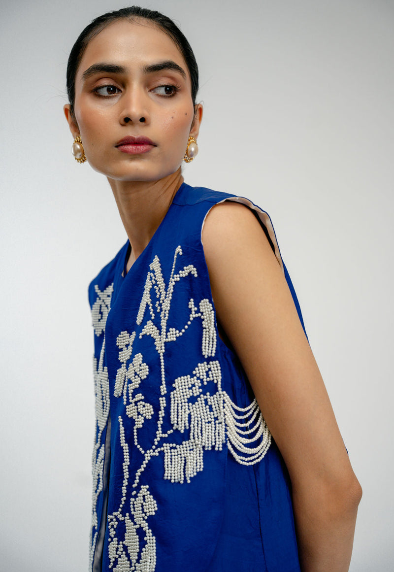 Dear One Bib mulberry silk jacket/overlay by Ode to Odd in blue for women in Singapore