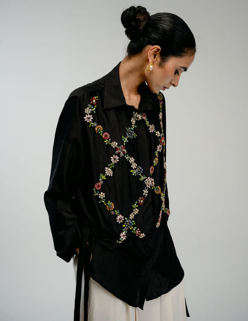 Wild Garden Shirt mulberry silk top/shirt by Ode to Odd in black for women in Singapore
