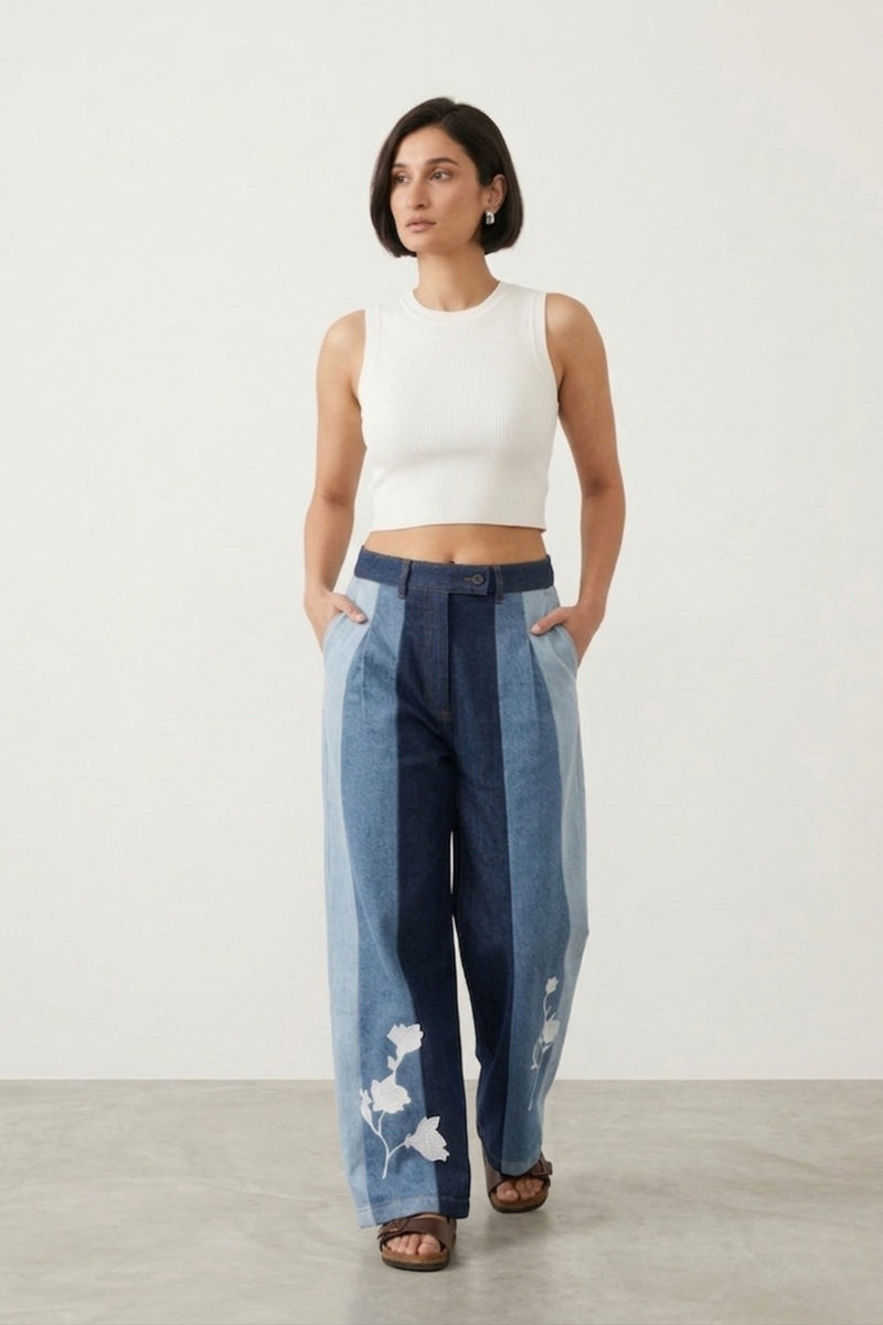 Ember Denim Panelled Pants denim pant/trouser by Doodlage in blue for women in Singapore