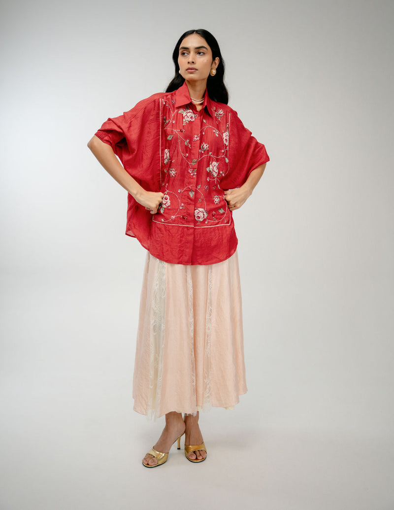 Forgotten Bloom Shirt mulberry silk top/shirt by Ode to Odd in red for women in Singapore