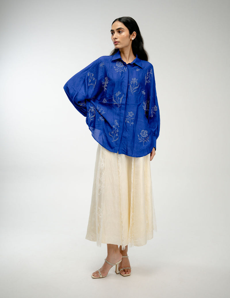 Woven Memory Shirt mulberry silk top/shirt by Ode to Odd in blue for women in Singapore