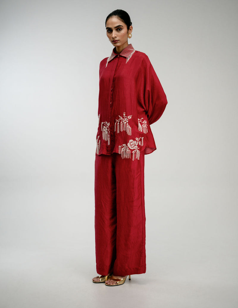Heirloom Set mulberry silk co-ord set by Ode to Odd in red for women in Singapore