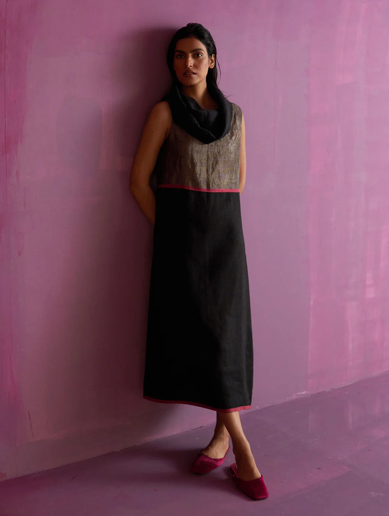 Shira Cowl Neck Dress - Black linen by Manan in black color for women in Singapore
