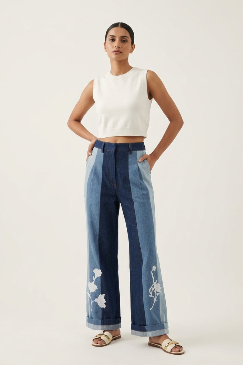 Ember Denim Panelled Pants denim pant/trouser by Doodlage in blue for women in Singapore
