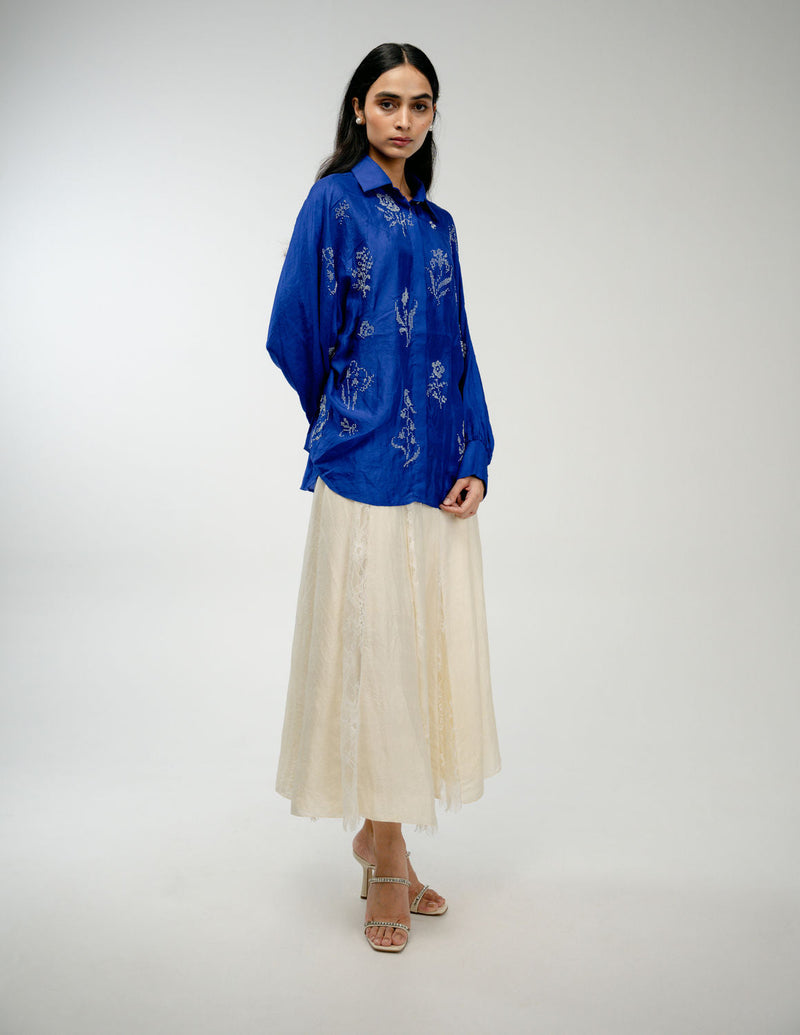 Woven Memory Shirt mulberry silk top/shirt by Ode to Odd in blue for women in Singapore