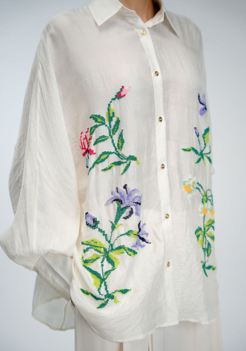 Sampler Shirt mulberry silk top/shirt by Ode to Odd in off white for women in Singapore