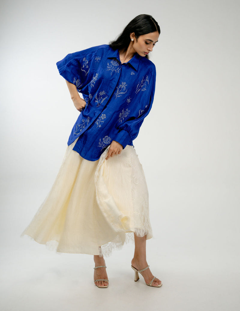 Woven Memory Shirt mulberry silk top/shirt by Ode to Odd in blue for women in Singapore