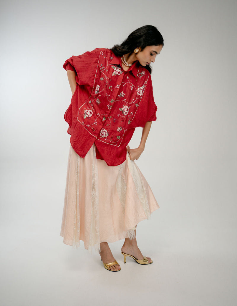 Forgotten Bloom Shirt mulberry silk top/shirt by Ode to Odd in red for women in Singapore