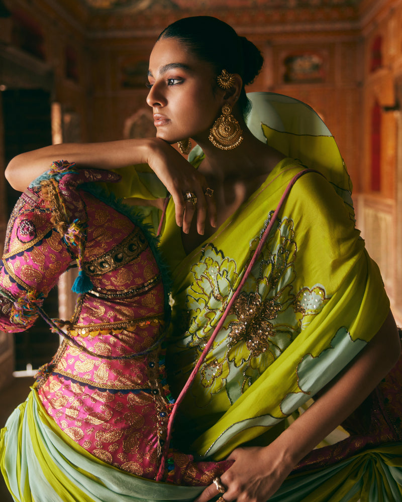 Khel Bright Green And Powder Blue Floral Saree mul by Rajiramniq in multi color for women in Singapore