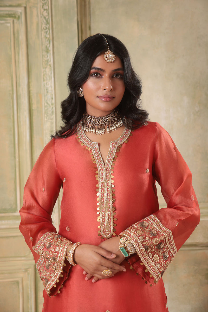 Zar-Rang Orange Short Kurta Set organza kurta/kurta set by Niti Bothra in orange for women in Singapore