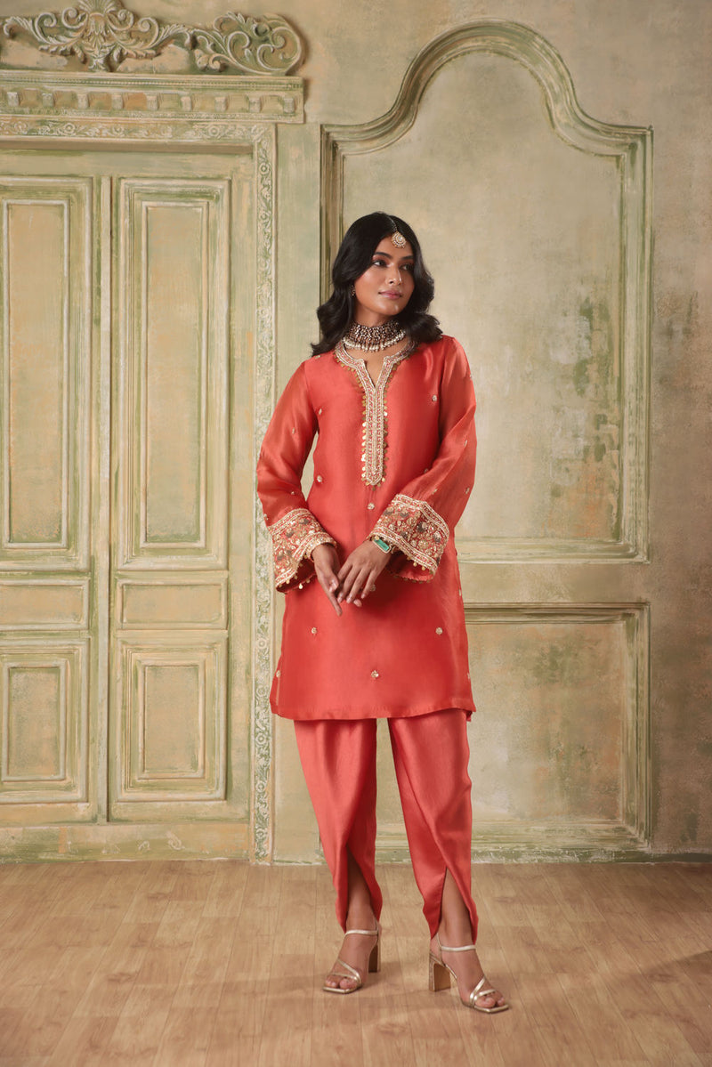 Zar-Rang Orange Short Kurta Set organza kurta/kurta set by Niti Bothra in orange for women in Singapore