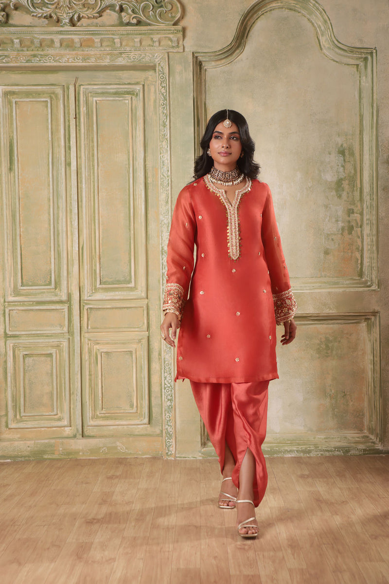 Zar-Rang Orange Short Kurta Set organza kurta/kurta set by Niti Bothra in orange for women in Singapore
