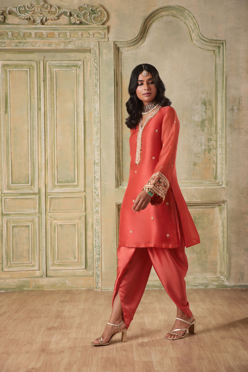 Zar-Rang Orange Short Kurta Set organza kurta/kurta set by Niti Bothra in orange for women in Singapore