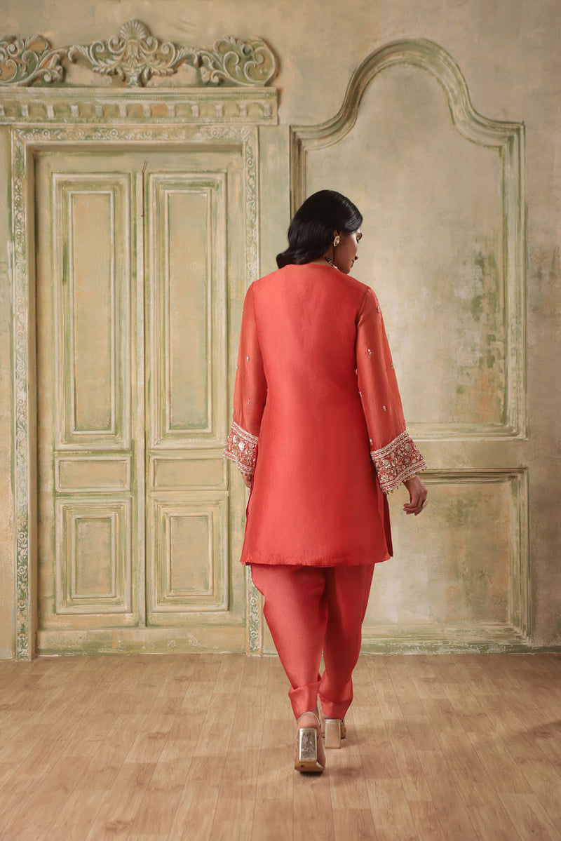 Zar-Rang Orange Short Kurta Set organza kurta/kurta set by Niti Bothra in orange for women in Singapore