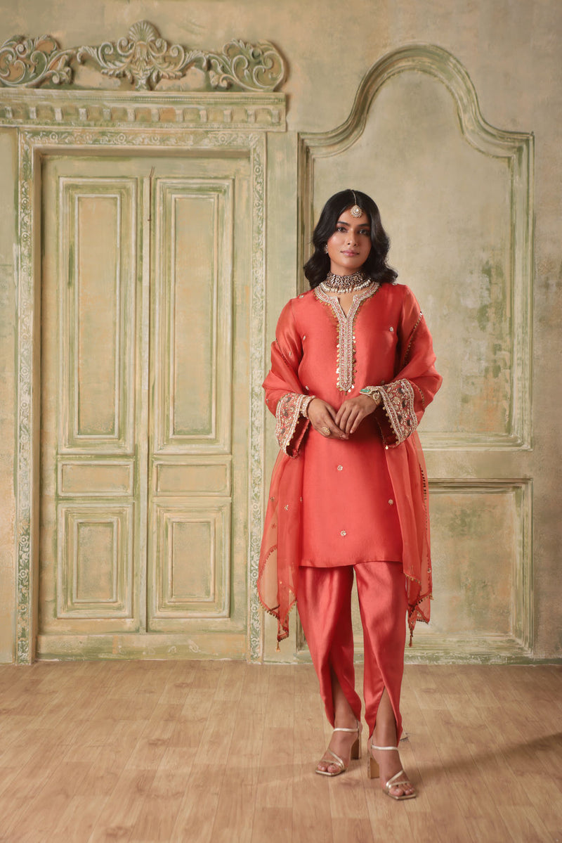 Zar-Rang Orange Short Kurta Set organza kurta/kurta set by Niti Bothra in orange for women in Singapore