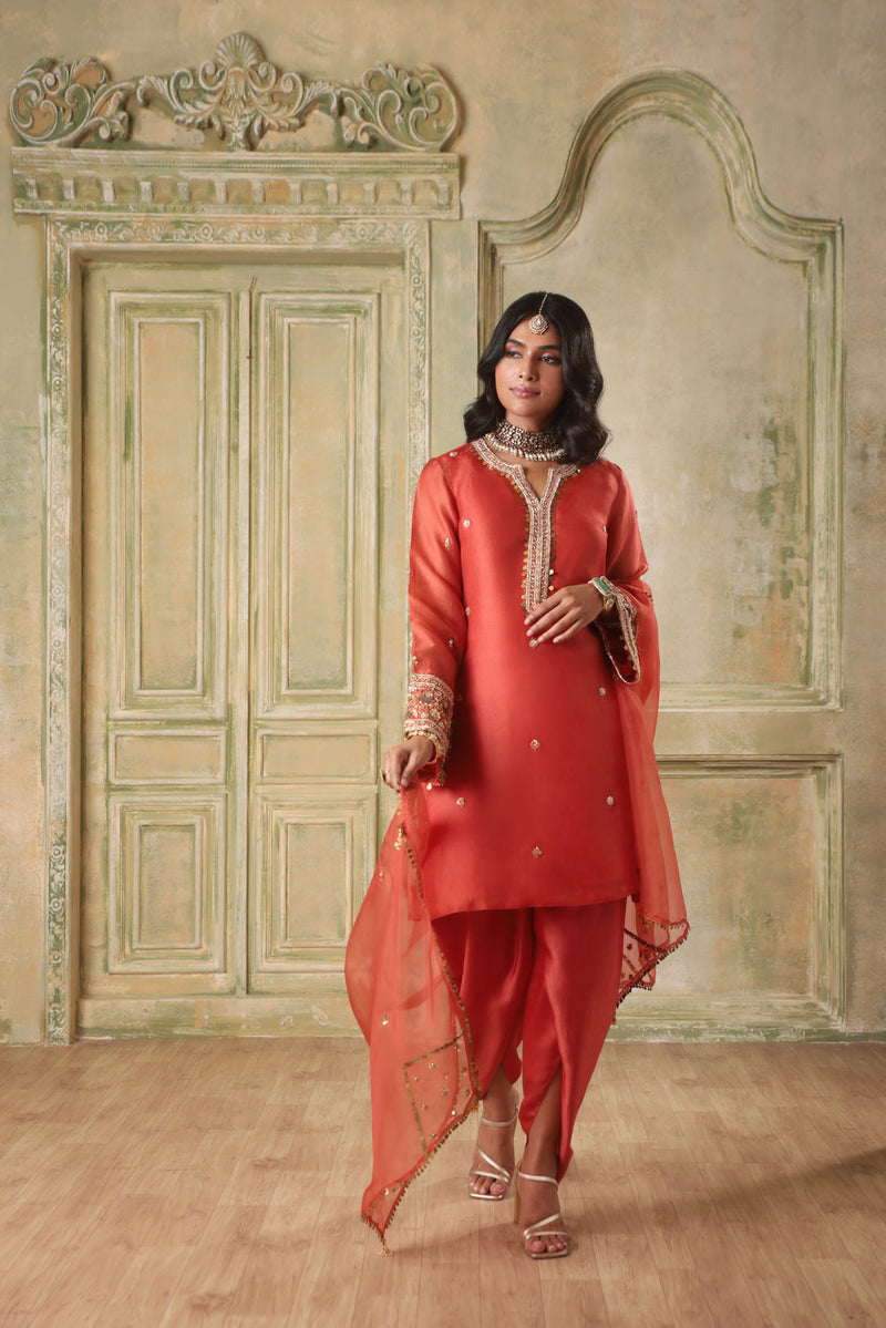 Zar-Rang Orange Short Kurta Set organza kurta/kurta set by Niti Bothra in orange for women in Singapore