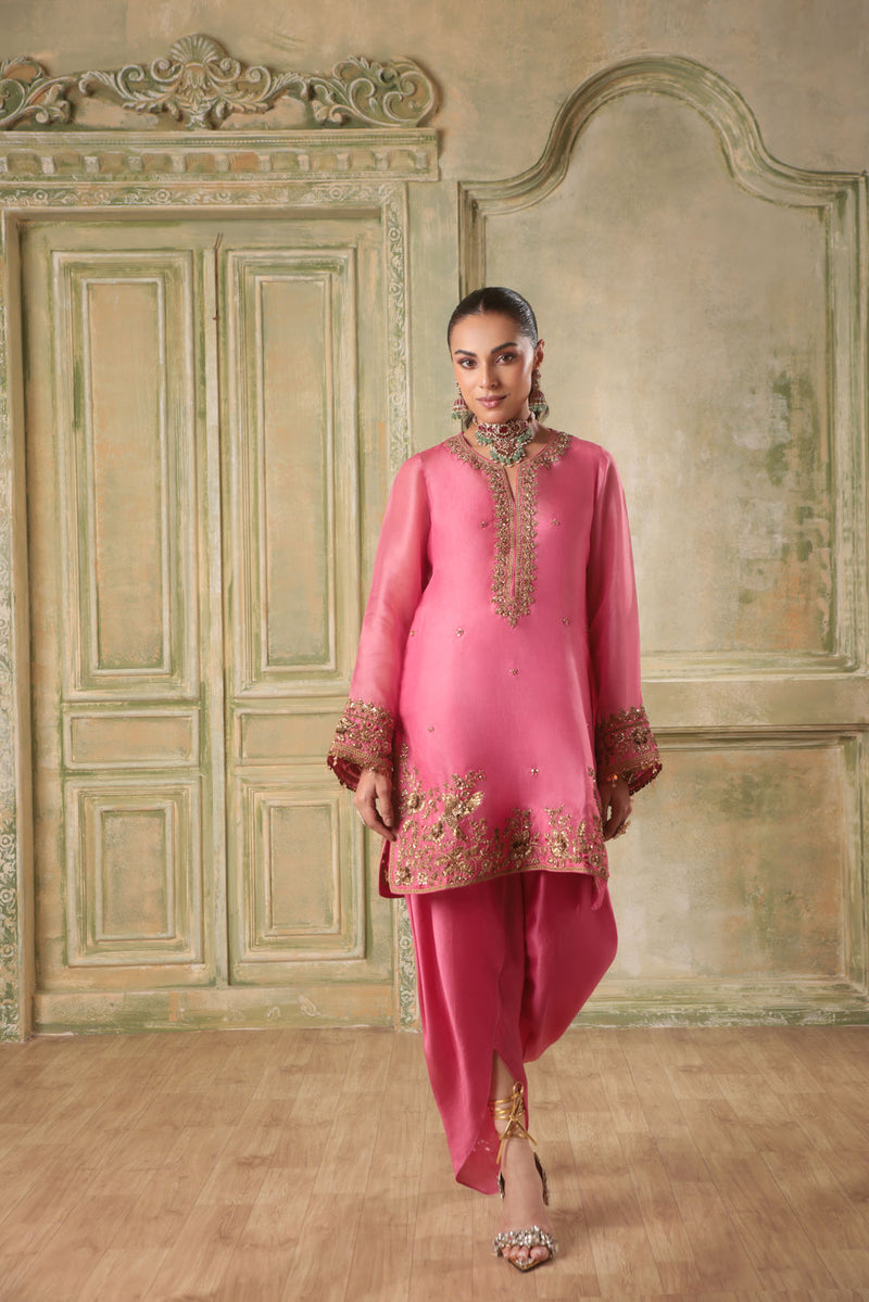 Zar-Rang Pink Heavy Short Kurta Set organza kurta/kurta set by Niti Bothra in pink for women in Singapore