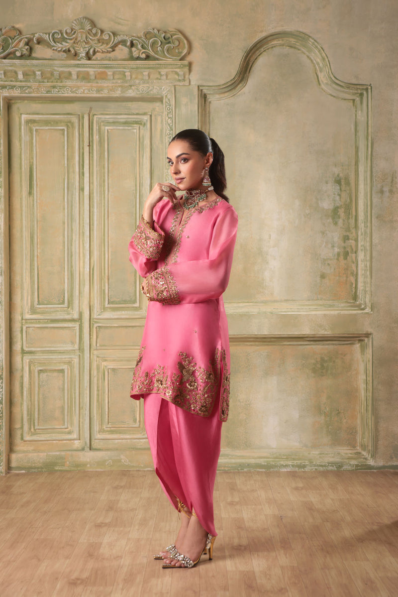 Zar-Rang Pink Heavy Short Kurta Set organza kurta/kurta set by Niti Bothra in pink for women in Singapore