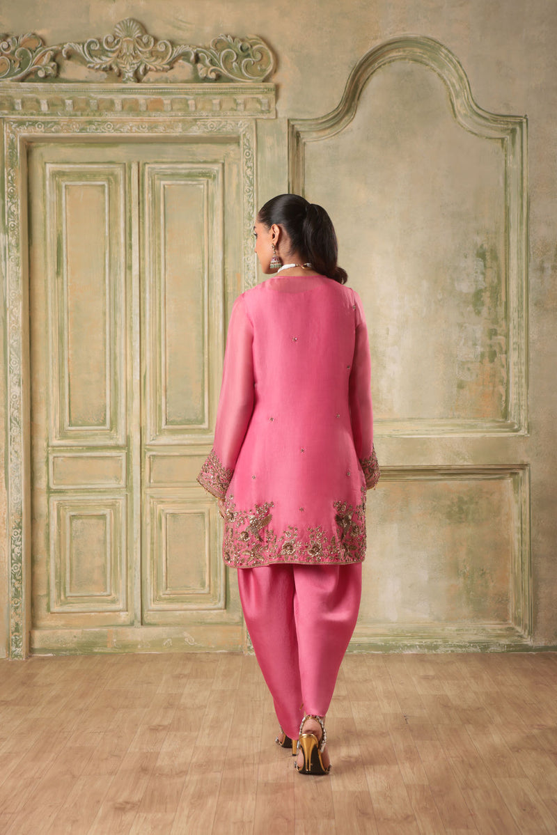 Zar-Rang Pink Heavy Short Kurta Set organza kurta/kurta set by Niti Bothra in pink for women in Singapore