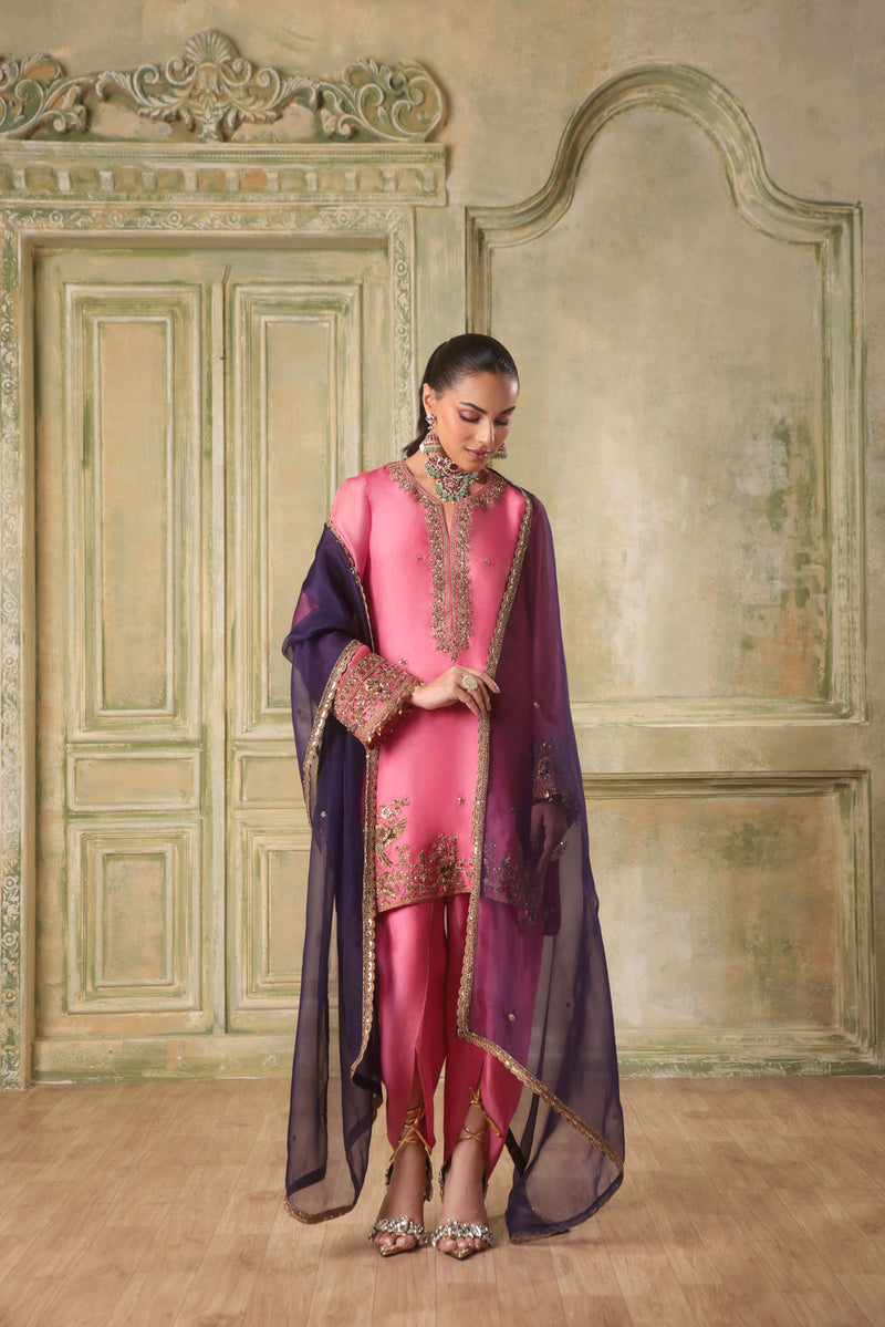 Zar-Rang Pink Heavy Short Kurta Set organza kurta/kurta set by Niti Bothra in pink for women in Singapore