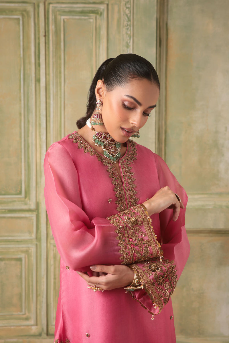 Zar-Rang Pink Heavy Short Kurta Set organza kurta/kurta set by Niti Bothra in pink for women in Singapore