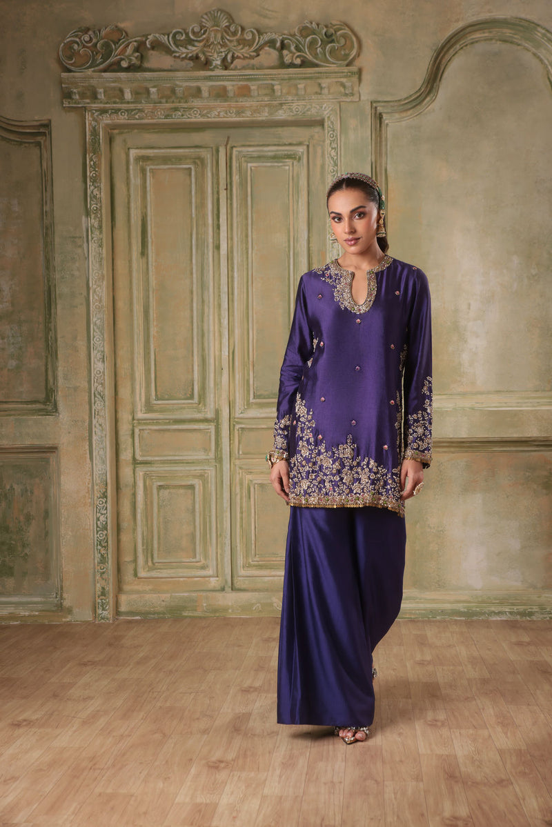 Zar-Rang Purple Short Jaal Kurta Set