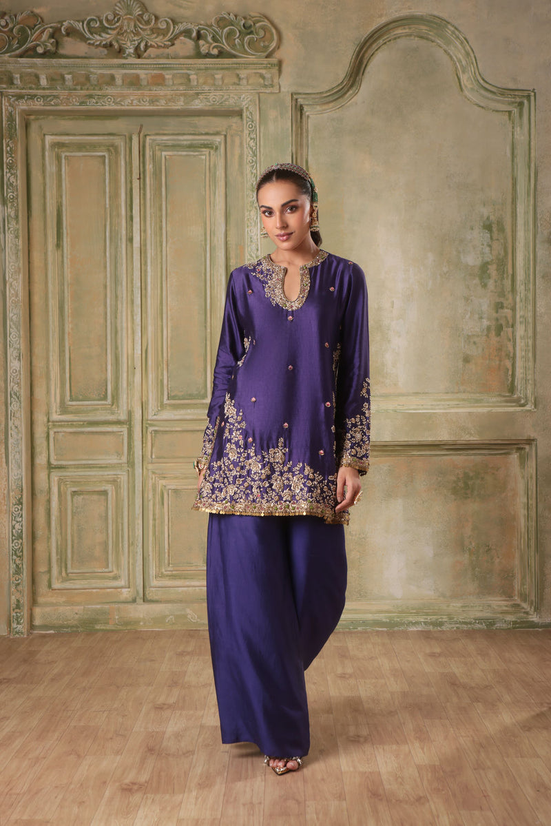 Zar-Rang Purple Short Jaal Kurta Set