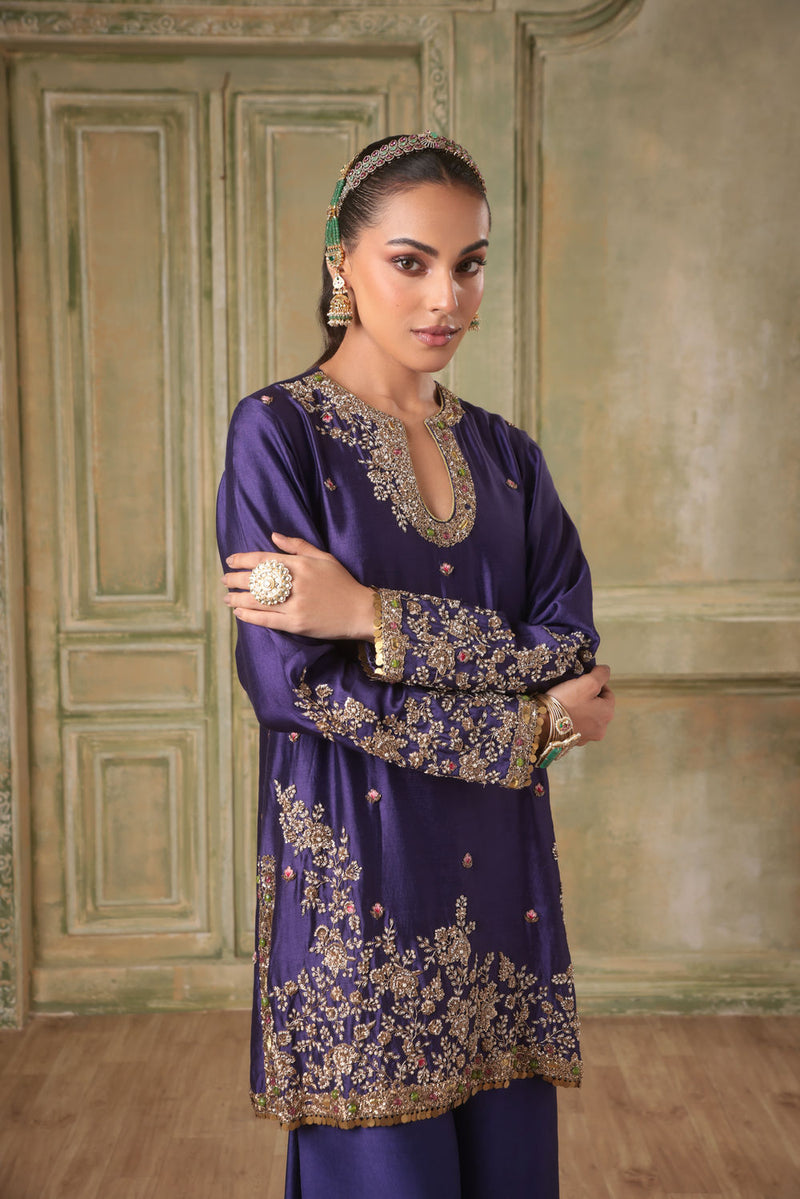 Zar-Rang Purple Short Jaal Kurta Set
