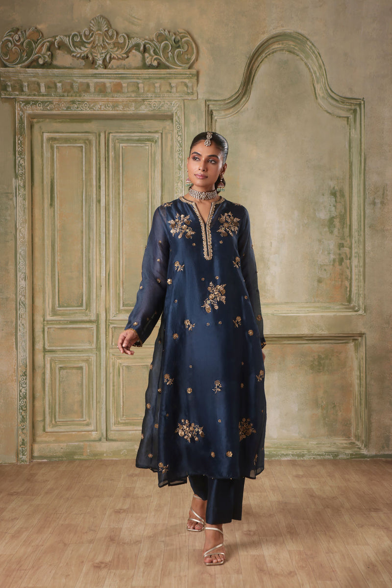 Zar-Rang Blue Phool Kurta Set organza kurta/kurta set by Niti Bothra in blue for women in Singapore