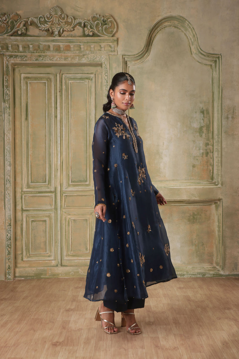 Zar-Rang Blue Phool Kurta Set organza kurta/kurta set by Niti Bothra in blue for women in Singapore