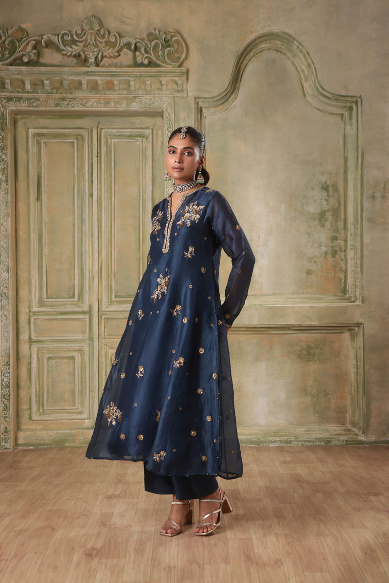 Zar-Rang Blue Phool Kurta Set organza kurta/kurta set by Niti Bothra in blue for women in Singapore