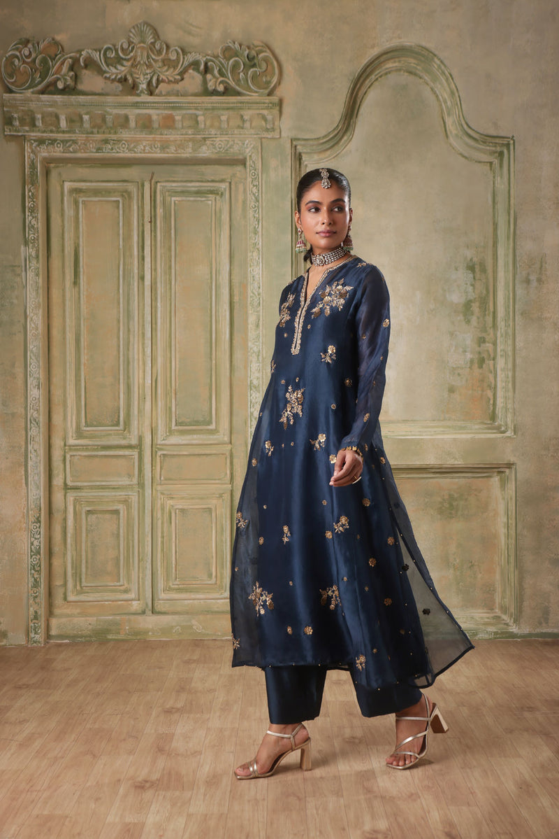 Zar-Rang Blue Phool Kurta Set organza kurta/kurta set by Niti Bothra in blue for women in Singapore
