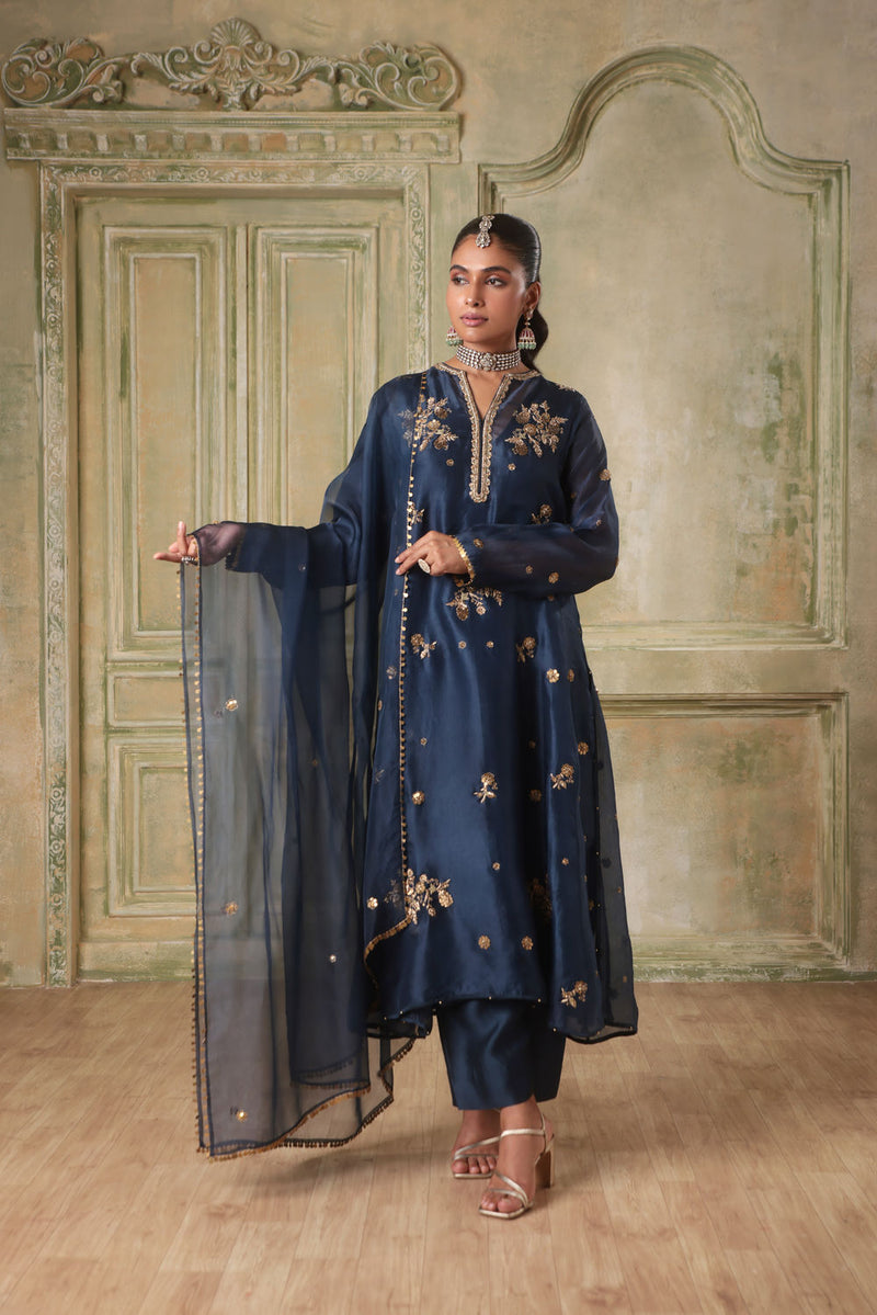 Zar-Rang Blue Phool Kurta Set organza kurta/kurta set by Niti Bothra in blue for women in Singapore