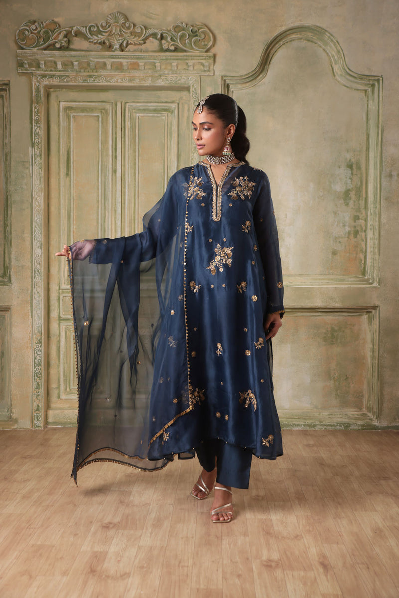Zar-Rang Blue Phool Kurta Set organza kurta/kurta set by Niti Bothra in blue for women in Singapore