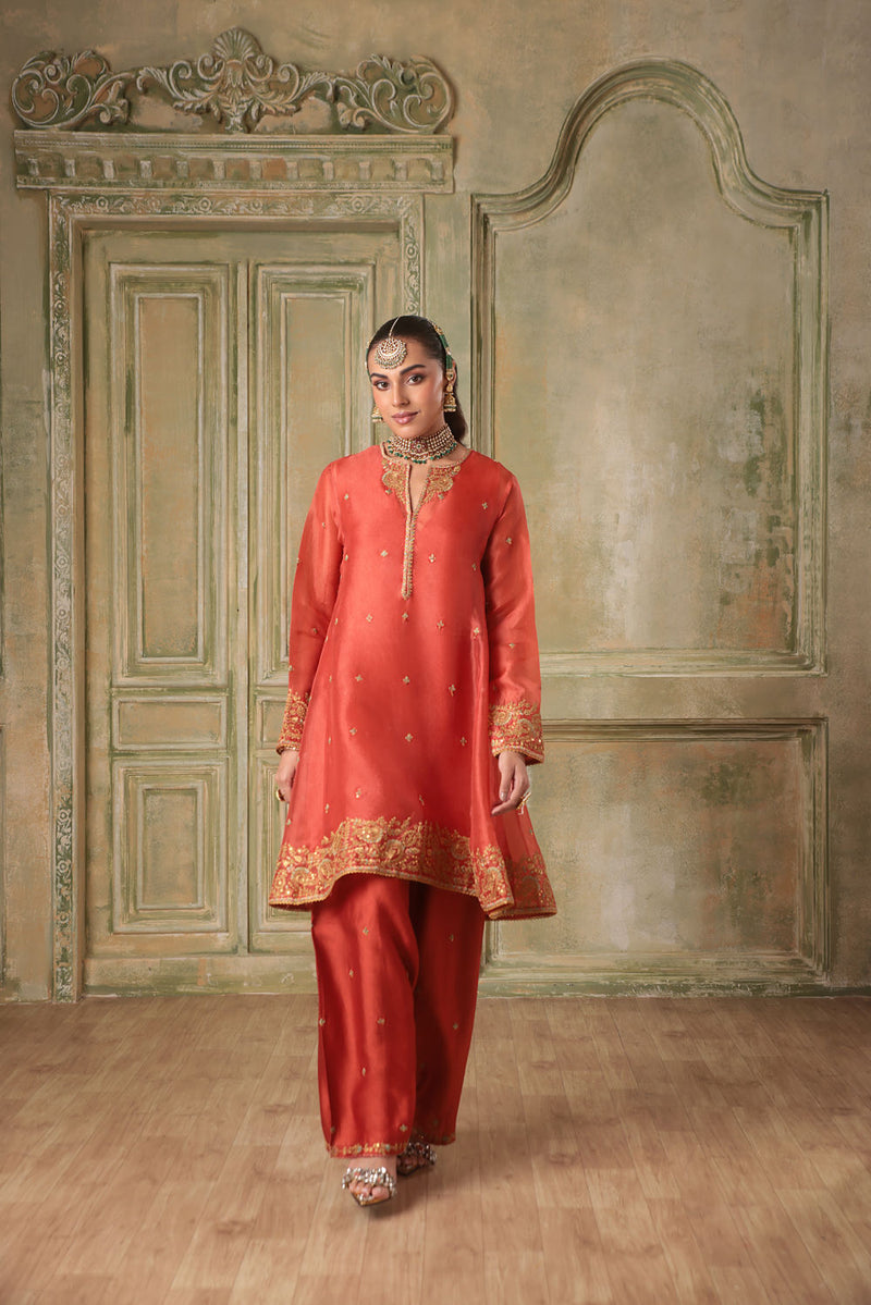 Zar-Rang Orange Short Pheran Kurta Set organza kurta/kurta set by Niti Bothra in orange for women in Singapore